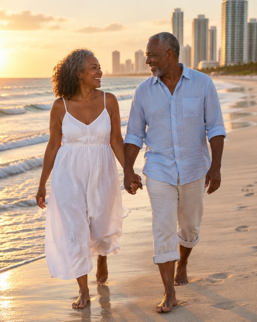 A couple in their sixties walks hand in hand along Sunny Isles Beach at sunset