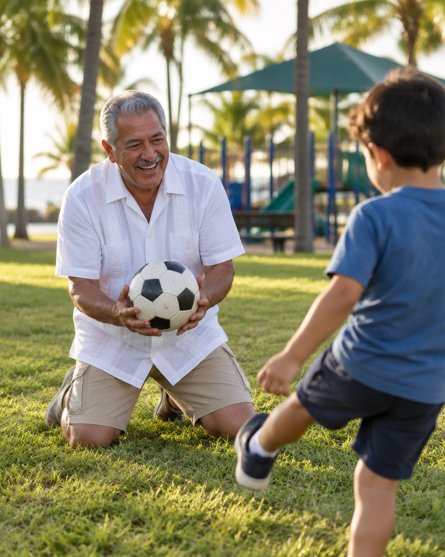 A grandfather in his sixties kneels on the grass to play soccer with his grandson
