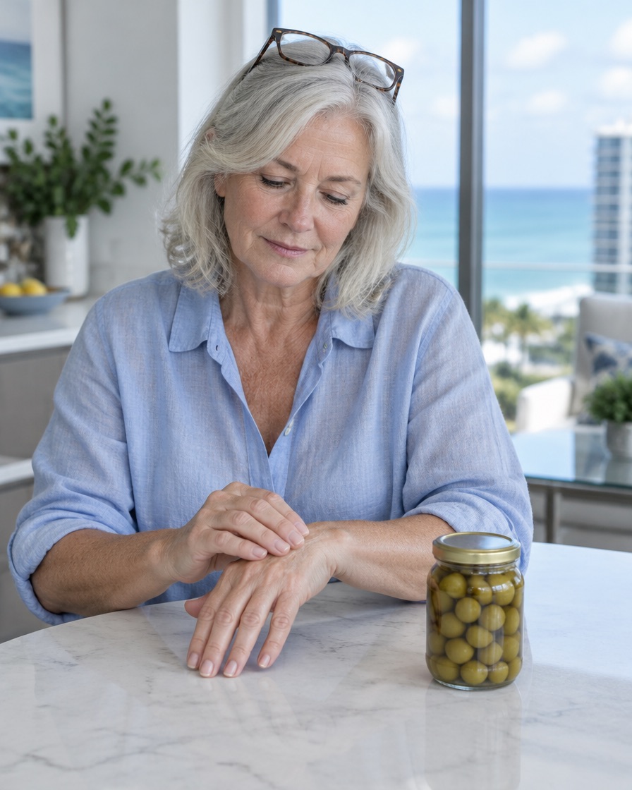 A woman in her early sixties rubs her hand at the kitchen table next to an unopened jar of olives