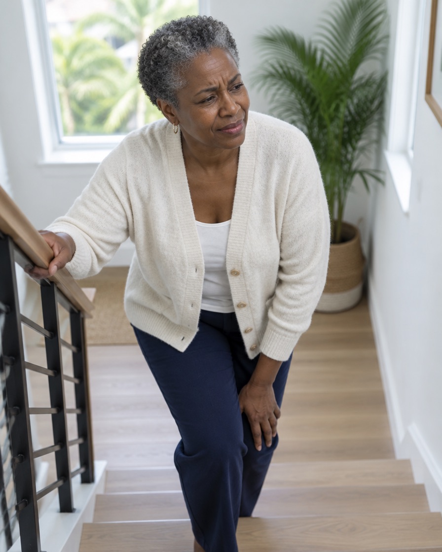 A woman in her late fifties pauses on the stairs at home with her hand on her knee