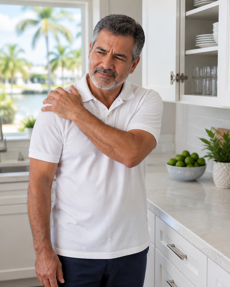 A man around sixty in his kitchen holds his sore shoulder